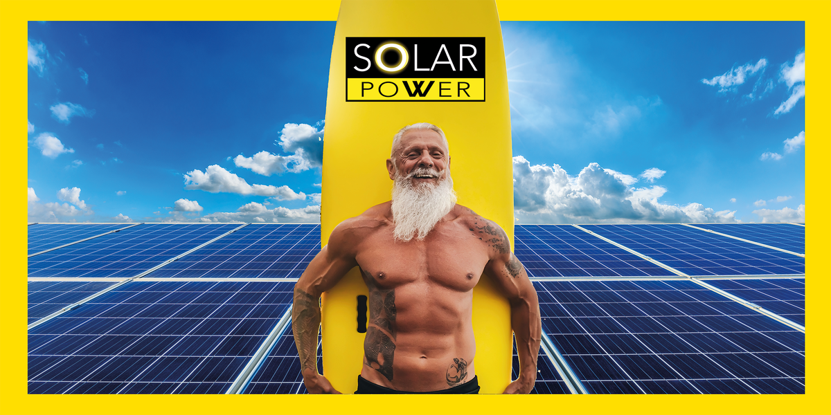 Der Solarpower-Surfer: Surfer mit gelbem Solarpower-Surfbrett vor Photovoltaikmodulen